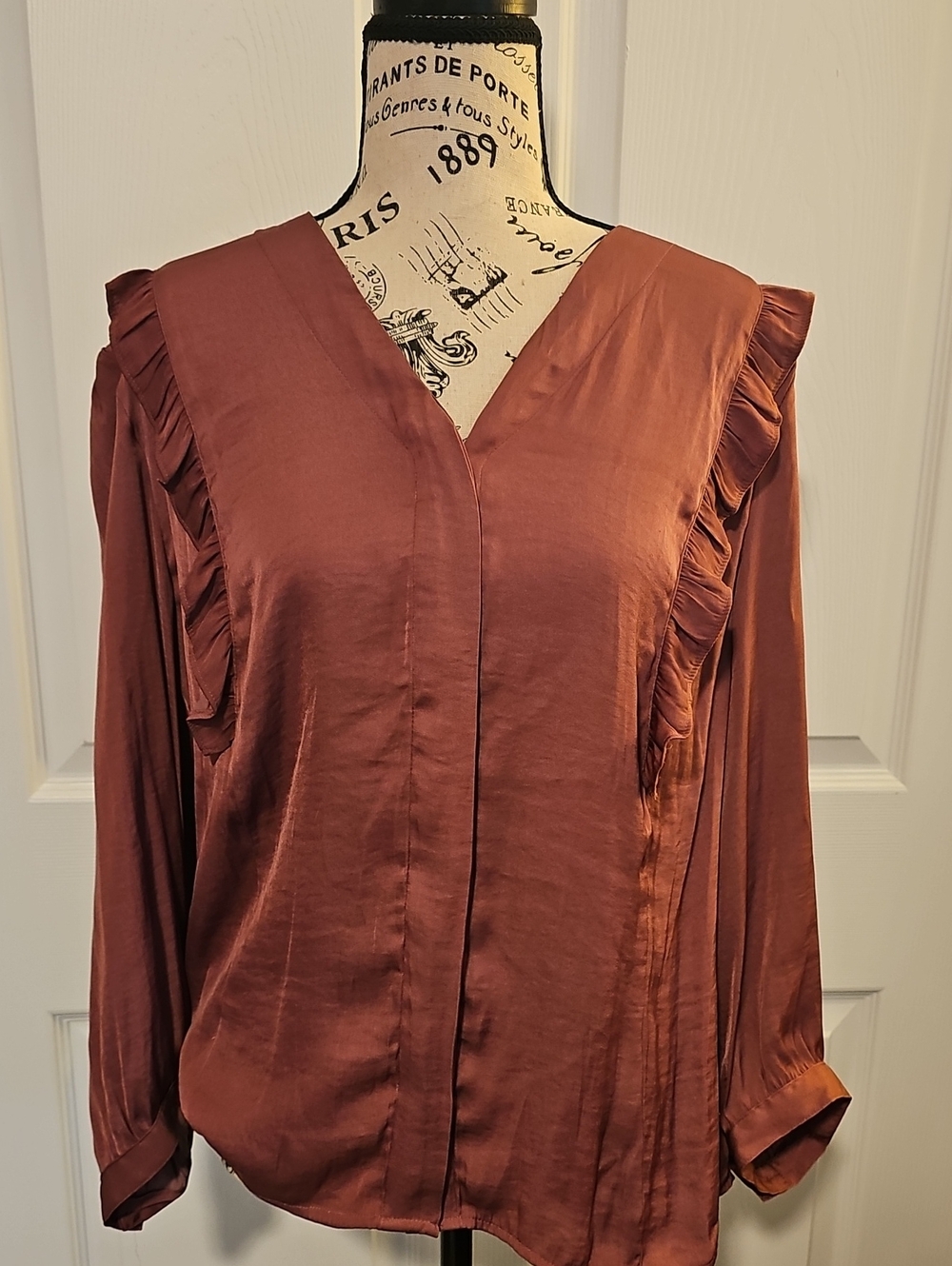 Simply Vera Vera Wang Rust Satin Ruffle V-Neck Blouse